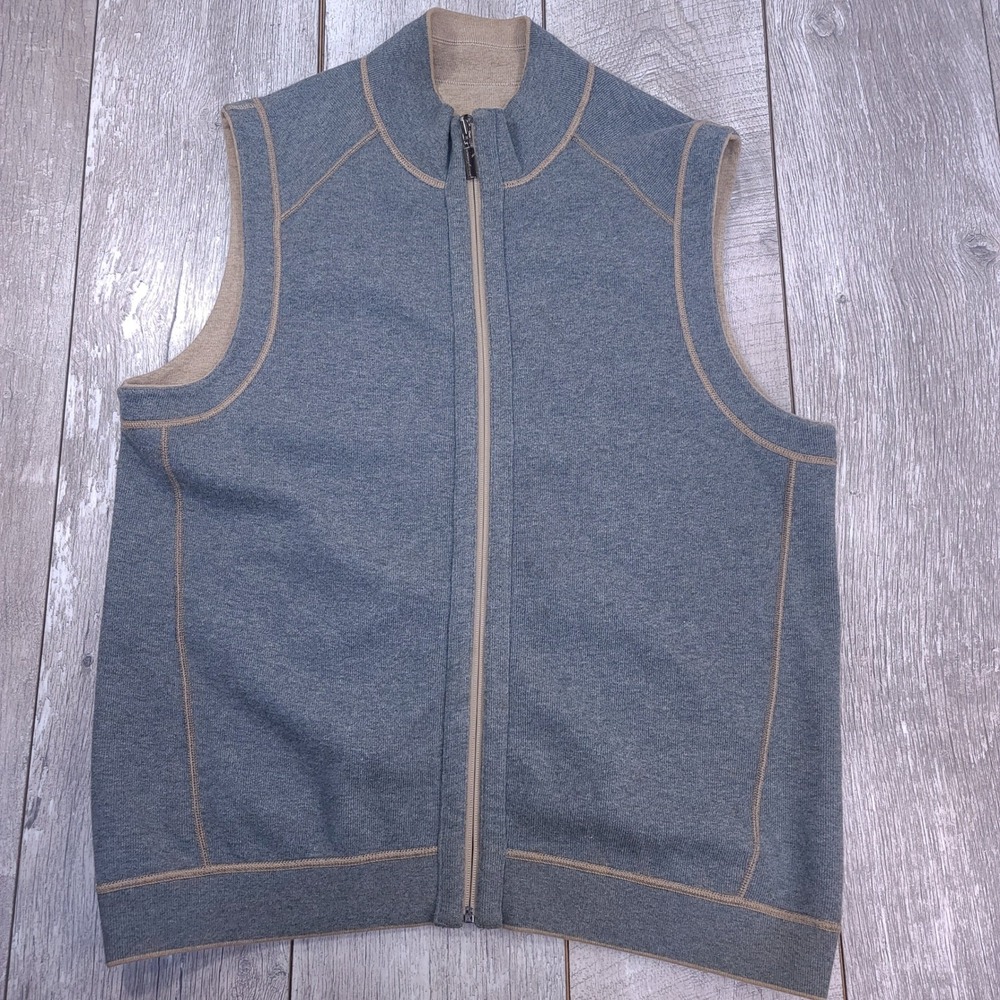 Tommy Bahama Reversible Vest Mens L Blue Tan Full Zip Flip Side Cotton Blend